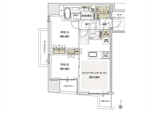 アトラス明大前 タイプA間取り図（2LDK・56.12㎡）