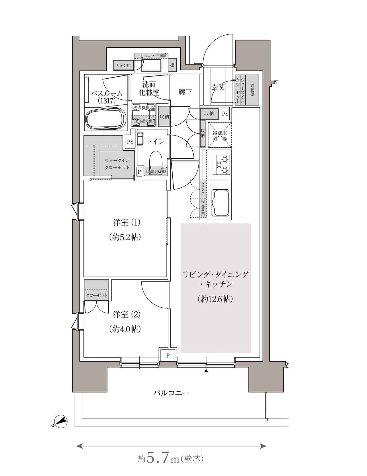 アトラス上野根岸 Bタイプ間取り図 2LDK 52.95㎡