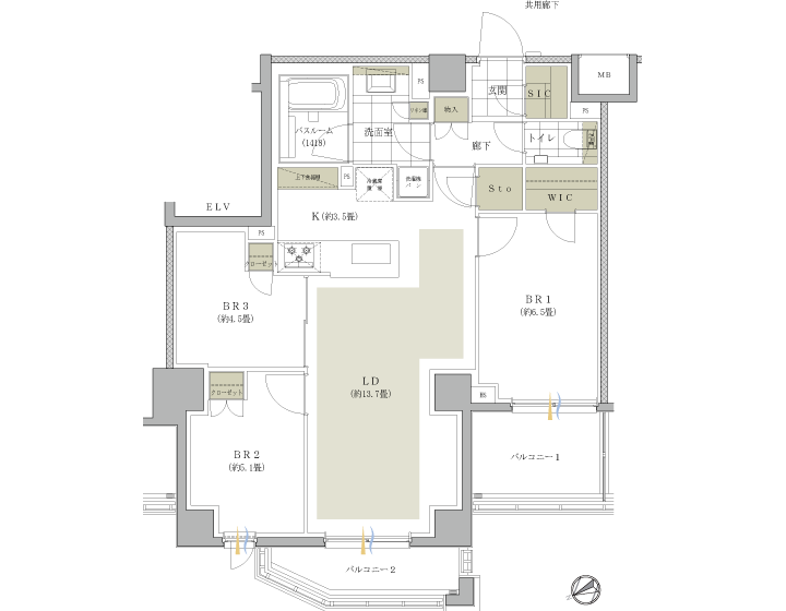 イノベイシア恵比寿 B1タイプ 間取り図（3LDK+WIC+SIC+Sto・74.21㎡）