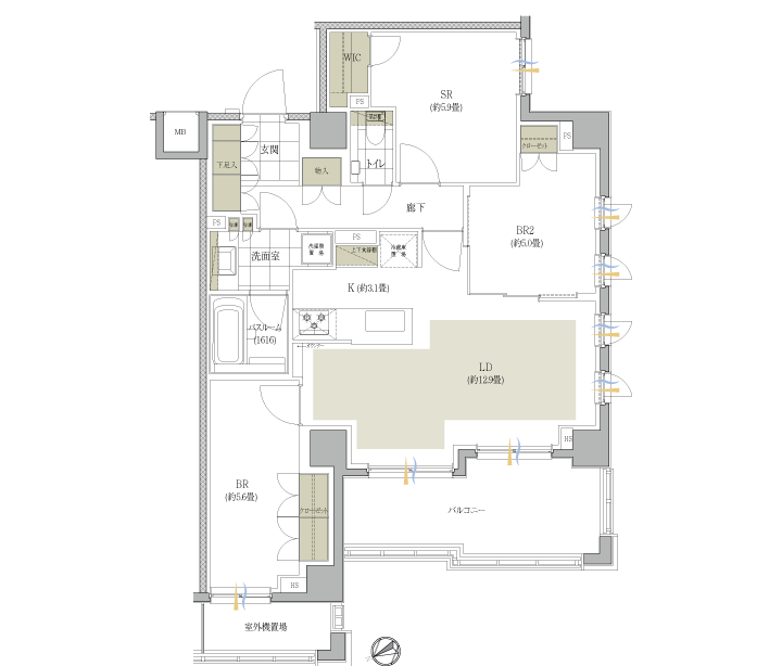 イノベイシア恵比寿 D1タイプ 間取り図（2LDK+SR・75.88㎡）