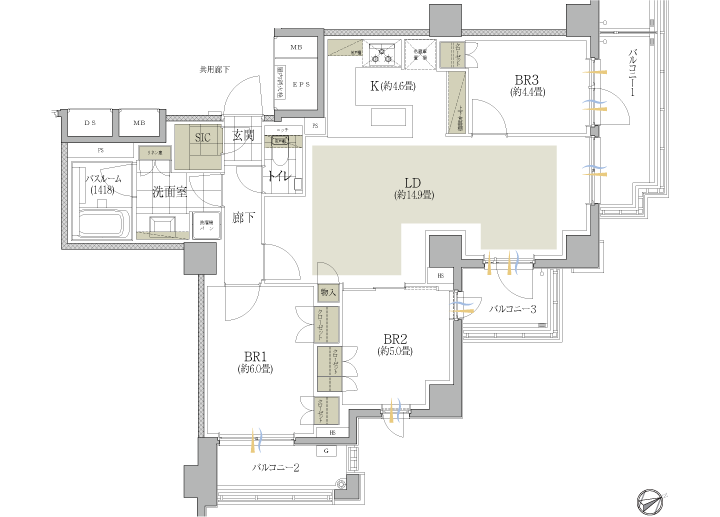 イノベイシア恵比寿 H2タイプ 間取り図（3LDK+SIC・75.93㎡）