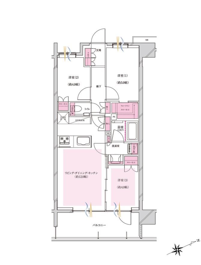 プレシス立川パークフロント タイプD 3LDK+WIC 56.22㎡ 間取り図